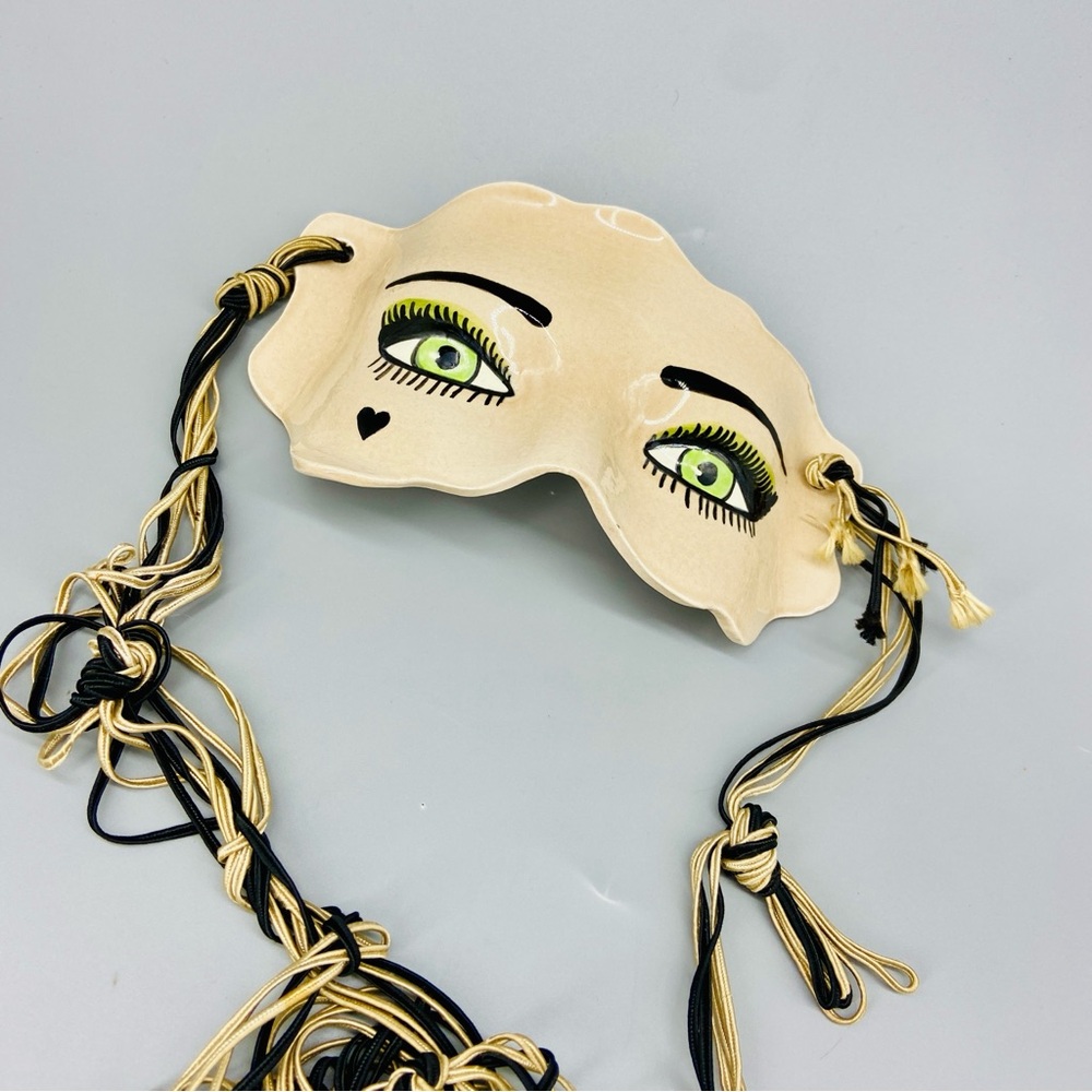 Vintage Eighties Eye Mask Carnival Ceramic Masquerade Decor Handmade Hanging Art